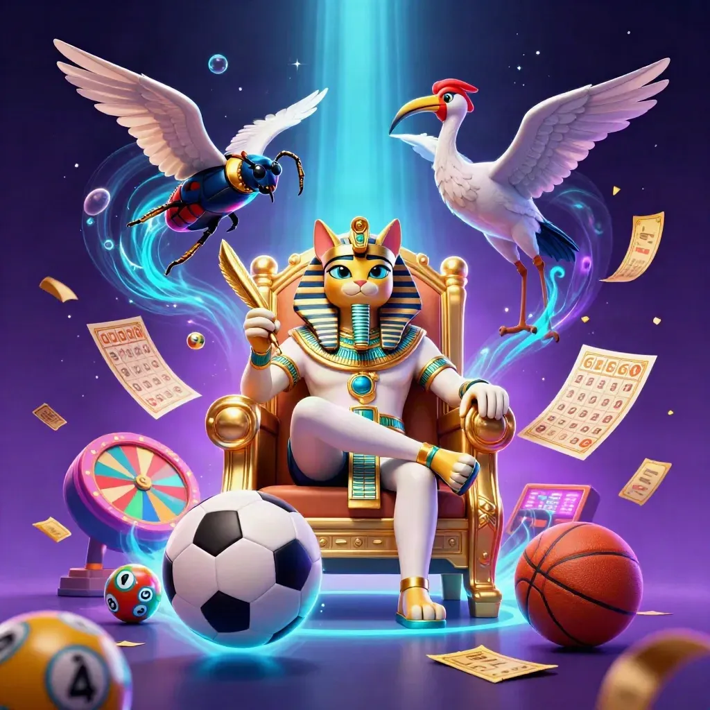 Pharaoh cat, ibis scribe and scarabs amid casino tokens and a flying soccer ball.