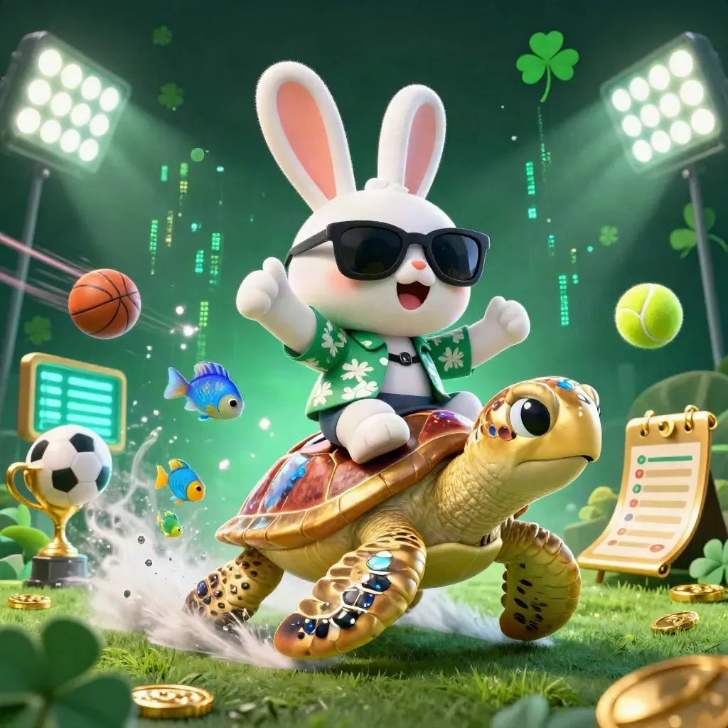Lucky rabbit rides a golden sea turtle amid balls, coins, floodlights and neon casino effects.