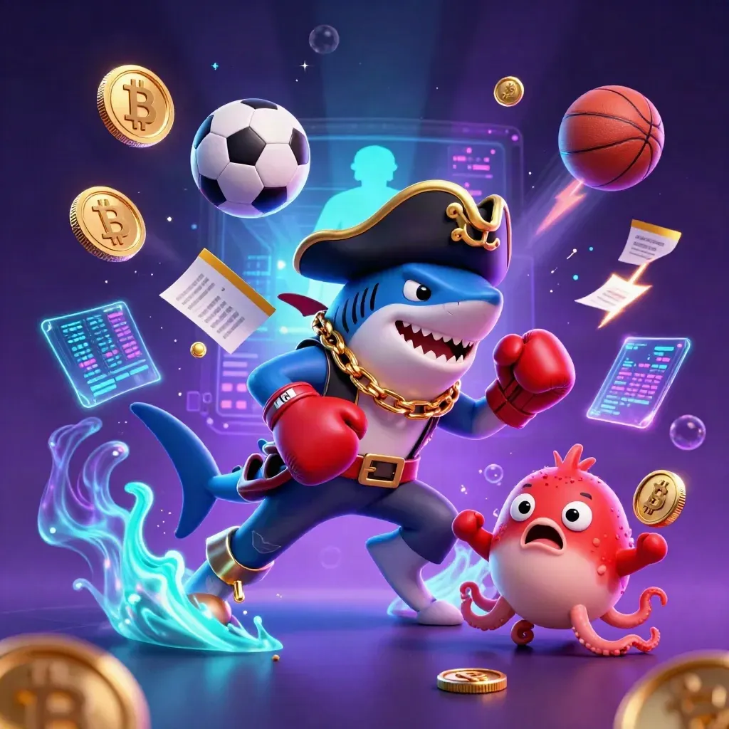 Pirate shark, red pufferfish, and baby octopus amid coins, lightning, and glowing sports gear.