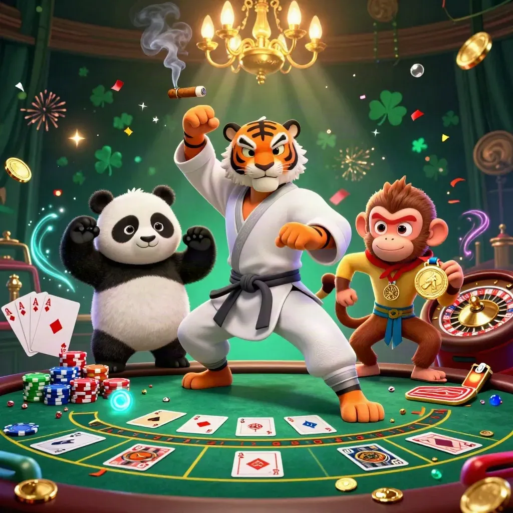 Kung-fu tiger, panda, and monkey in a neon casino scene with roulette, chips, and magical lights