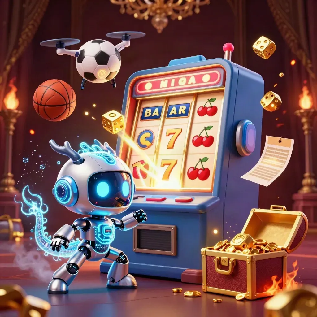 Cyberpunk robot, holographic dragon, coin drone, slot machine bursts and sports balls in a luxe casino scene