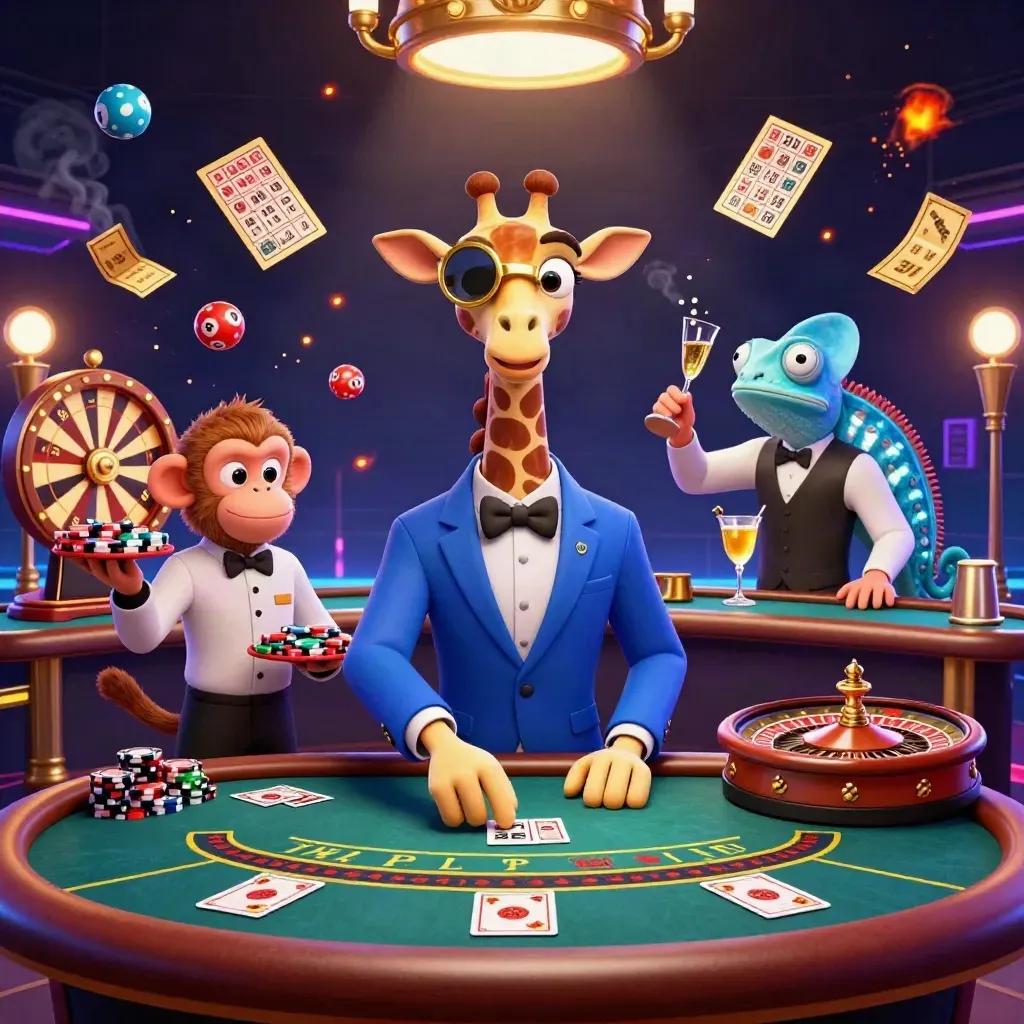 Neon casino scene with giraffe high roller, monkey valet and chameleon bartender amid glowing game props.