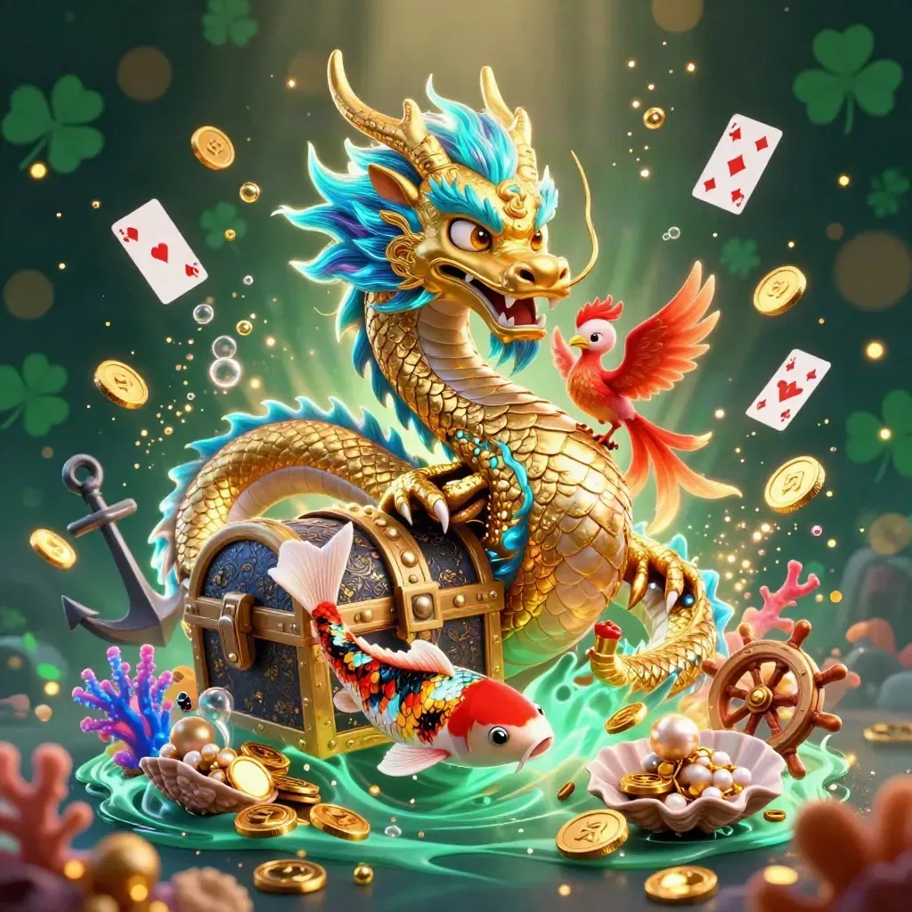Golden dragon, phoenix, and koi amid treasure, coral, coins, and glowing underwater light.