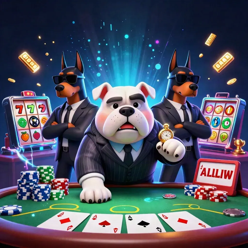 Bulldog boss with two Dobermans at a poker table, neon casino action, blue and cyan glow