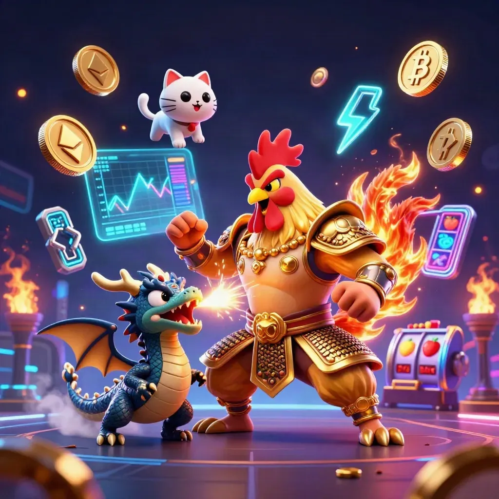 Rooster warrior, spark-breathing dragon hatchling and cheering fortune-cat amid glowing crypto casino effects.