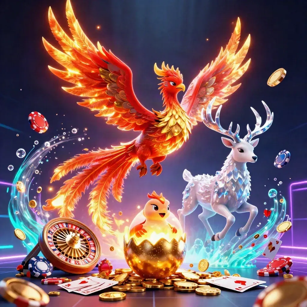 Fire phoenix, baby phoenix, and crystal stag amid coins, gems, and neon blue casino glow.