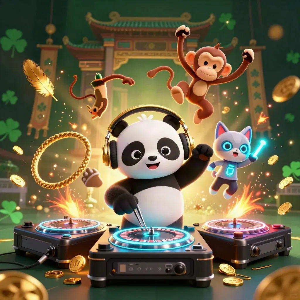 DJ panda, monkey and glow-stick kitten explode in neon casino action before an emerald shamrock backdrop