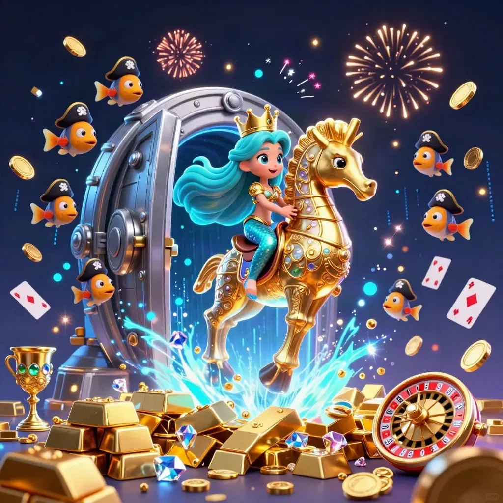 Mermaid princess on armored seahorse bursts from a vault with pirate fish and treasure.