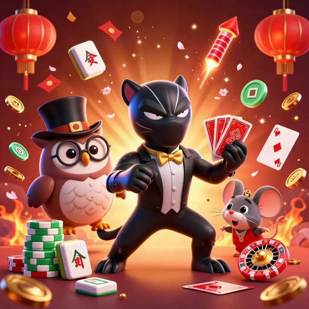 Panther, owl, and mouse amid coins, lanterns, fireworks, and casino loot in a glowing burst.