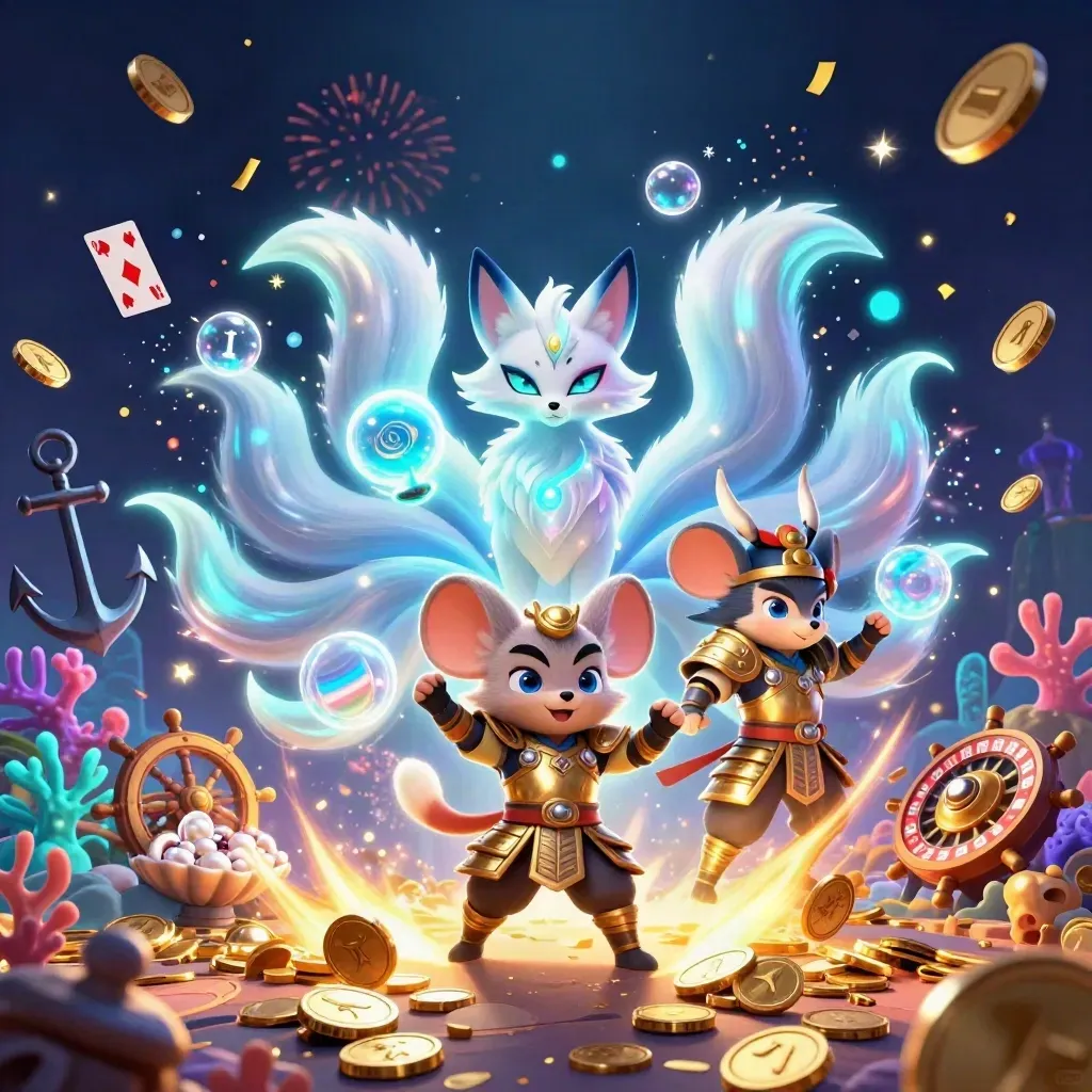 Fox spirit and samurai mouse amid coins, coral, fireworks, and glowing treasure
