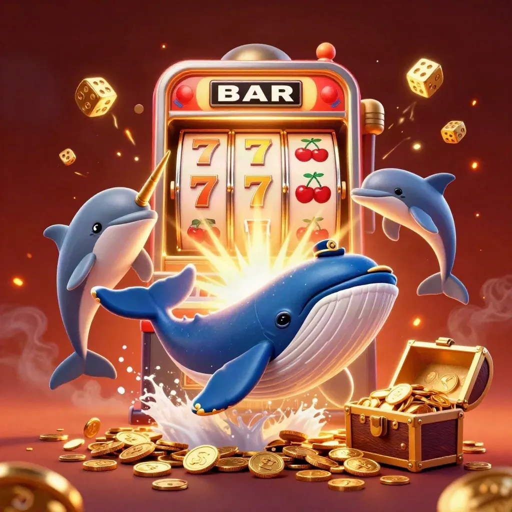 Whale captain, narwhal and dolphins amid slot-machine gold, dice and coins on a fiery casino backdrop.