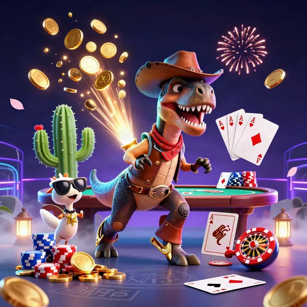 Cowboy T-Rex, cactus sidekick, and roadrunner amid casino loot, neon grid, and gold coins