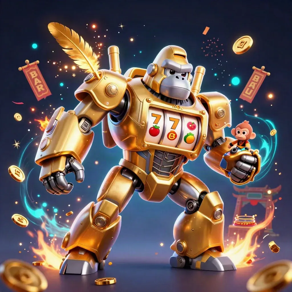 Golden gorilla slot mech with tiny pilot amid reels, coins, temple gate and cyan sparks