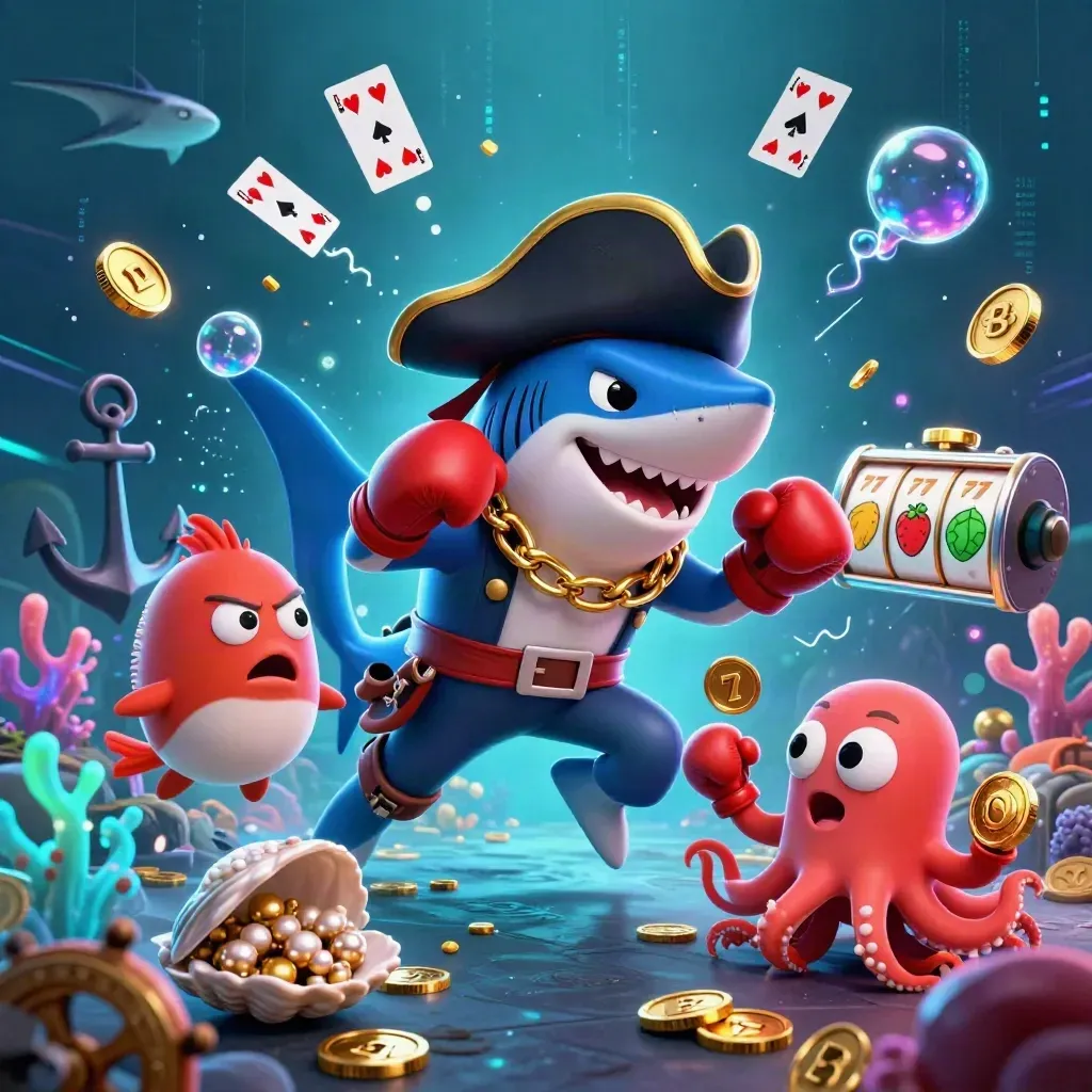 Shark pirate, boxing pufferfish, and coin-juggling octopus in a glowing treasure cove.