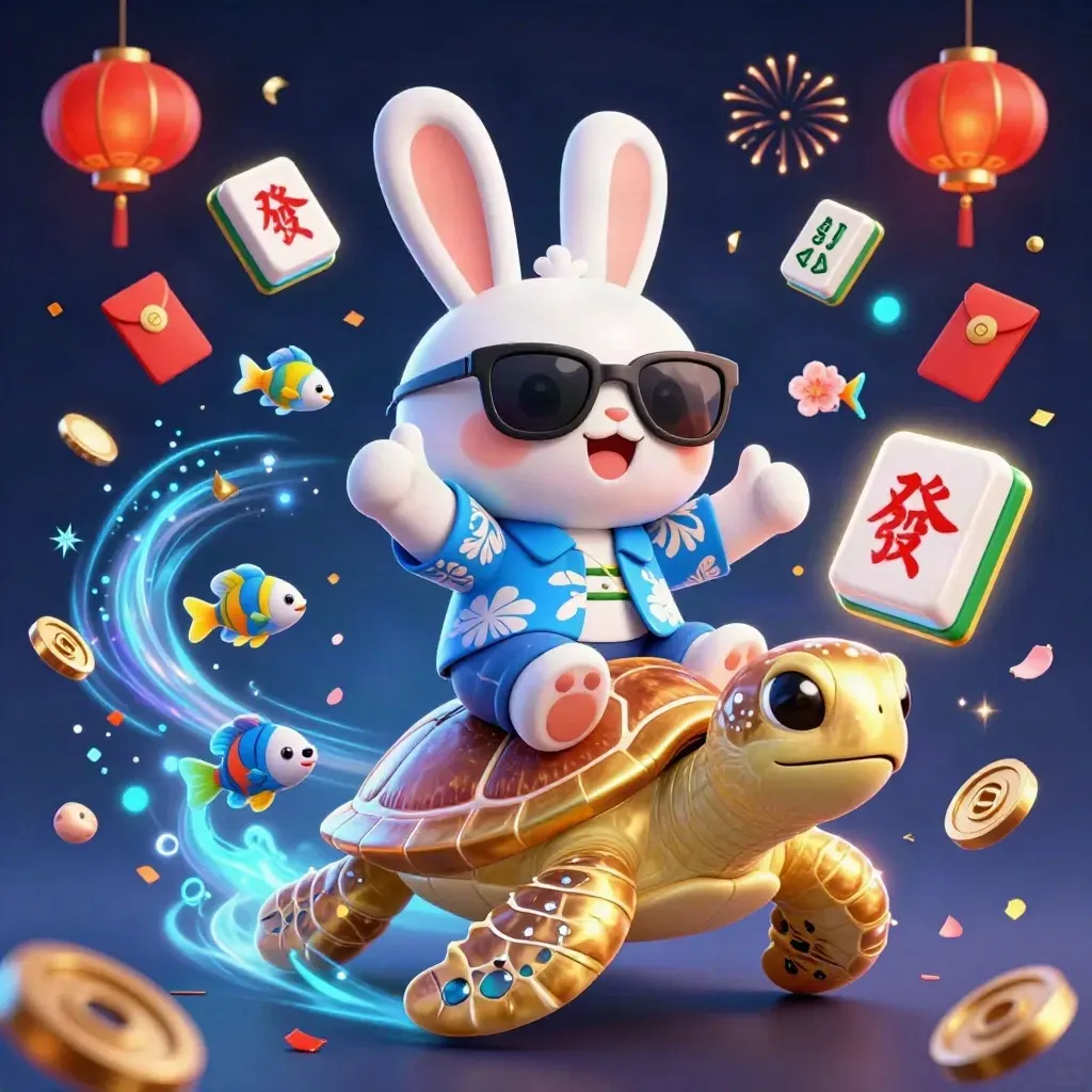 Cartoon rabbit rides a golden turtle amid casino symbols and neon blue effects.