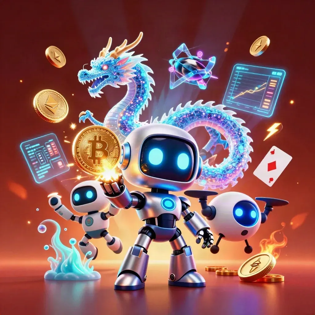 Cyberpunk robot, holographic dragon, and coin drone amid casino coins, lightning, and neon glow.