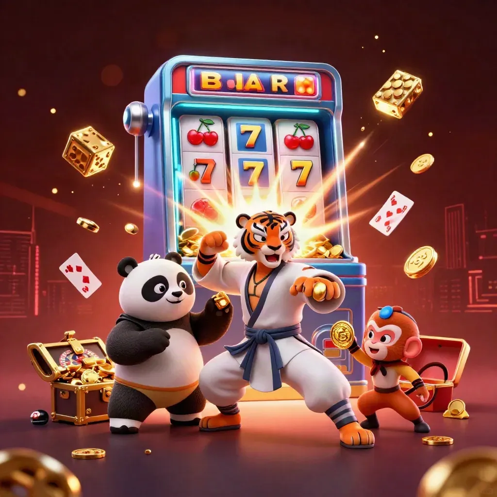 Kung-fu tiger, panda, and monkey amid a glowing slot machine and gold casino effects.
