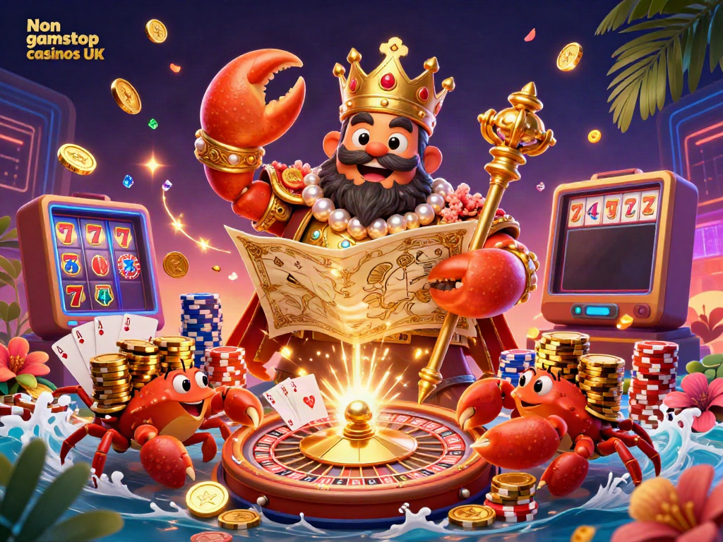 Engaging 3D illustration showcasing Non gamstop casinos UK with a golden crab emperor and vibrant casino elements.