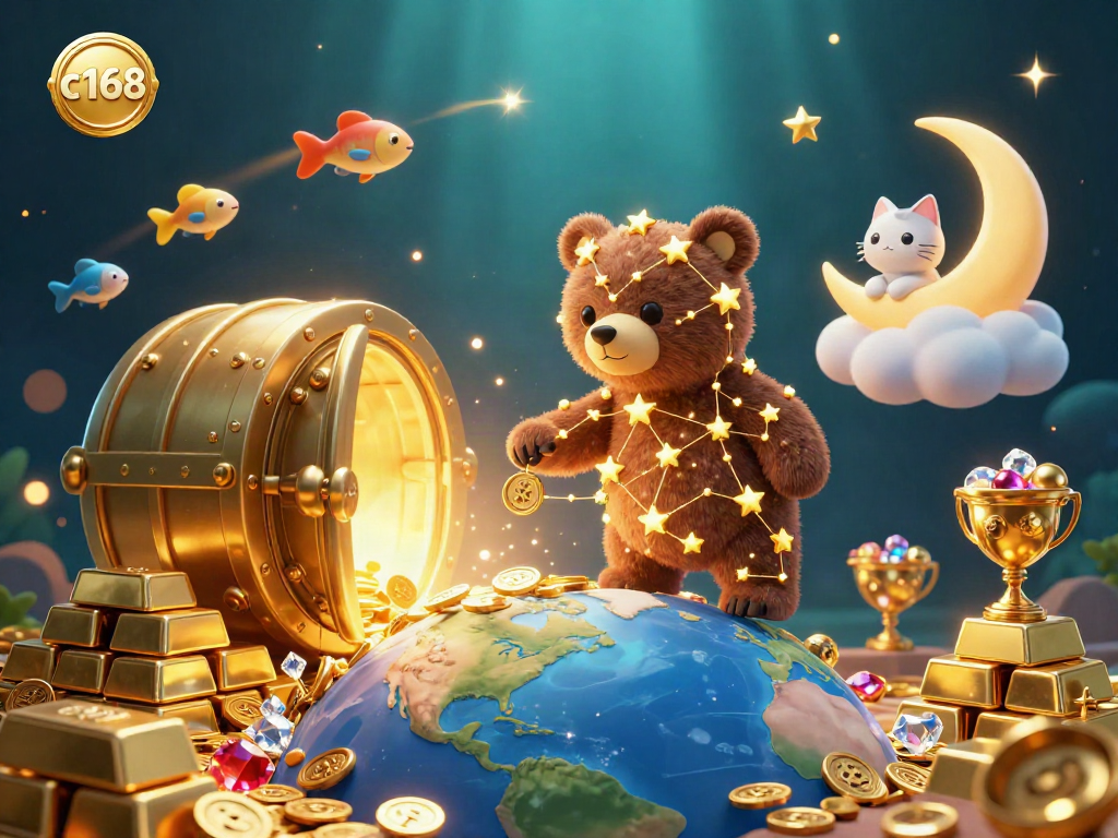 Engage in thrilling gameplay with c168 as the constellation bear scoops coins amid a vibrant casino scene.