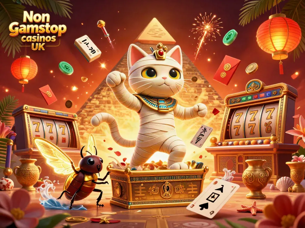 Engage with vibrant characters in a Non gamstop casinos UK themed 3D casino illustration.
