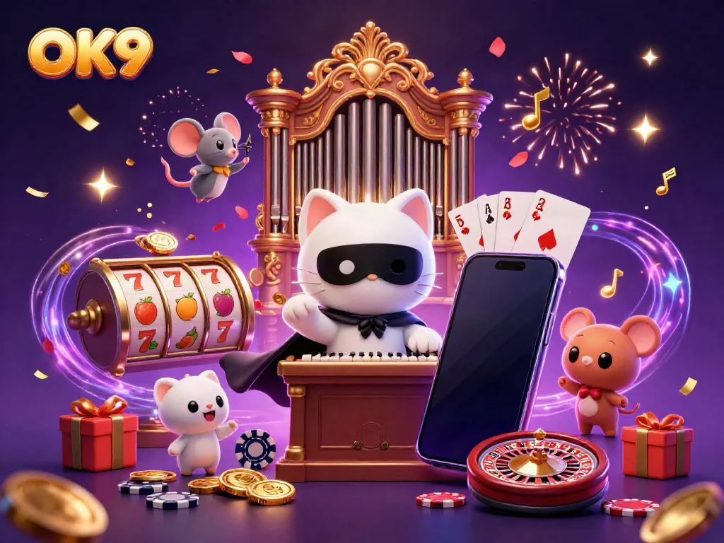 Engage with the captivating OK9 casino world, featuring a 3D cartoon phantom cat in a vibrant scene with slot games.