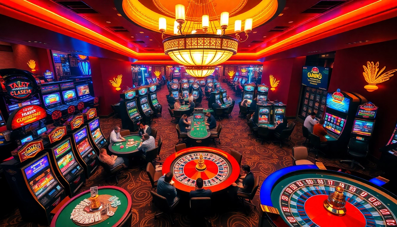 Discover the thrilling atmosphere at bj88b.com, showcasing players enjoying live casino games with vibrant table settings and slot machines.