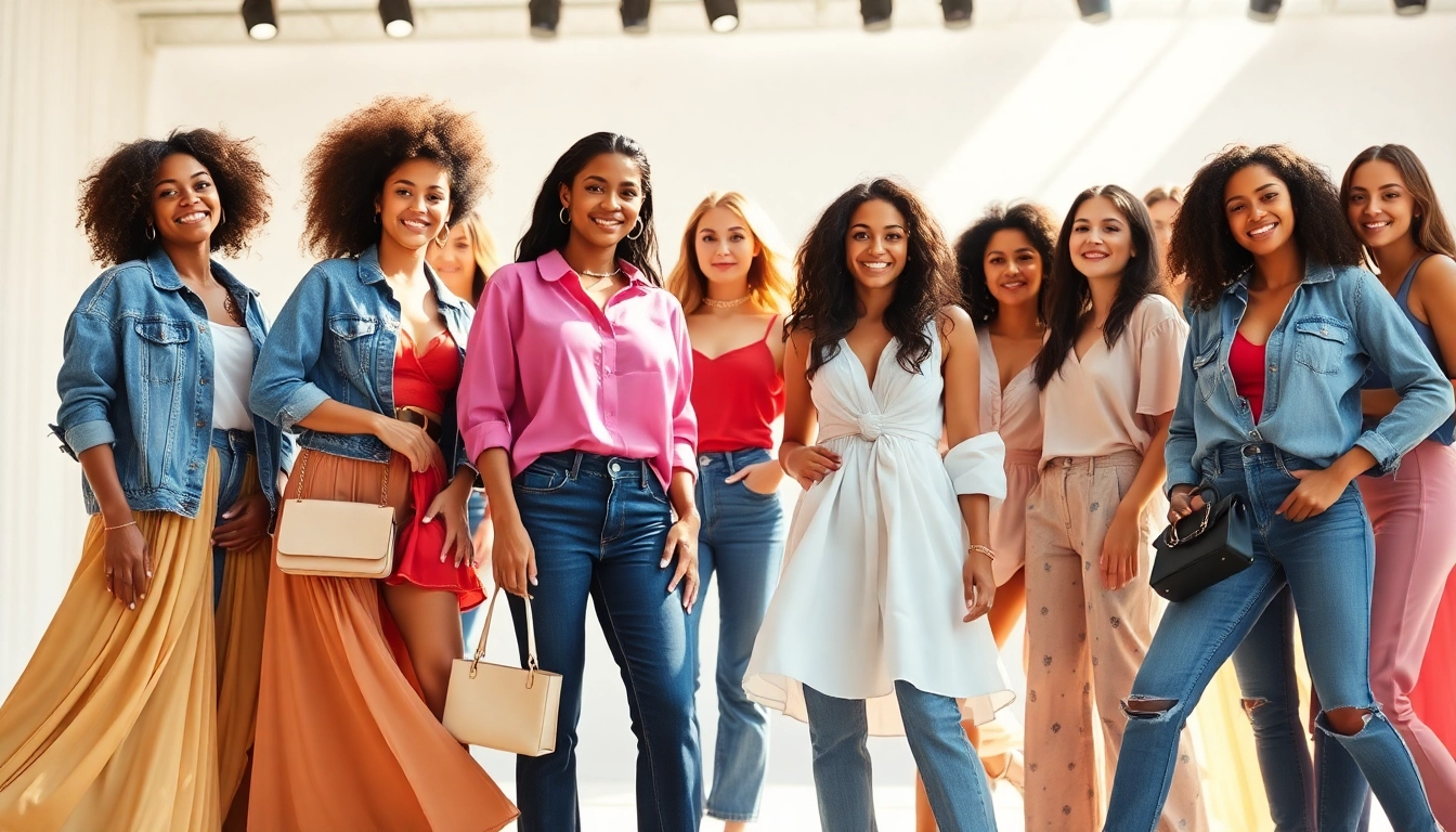 Stylish women in modern outfits celebrate Women Fashion with vibrant accessories in a sunny studio.