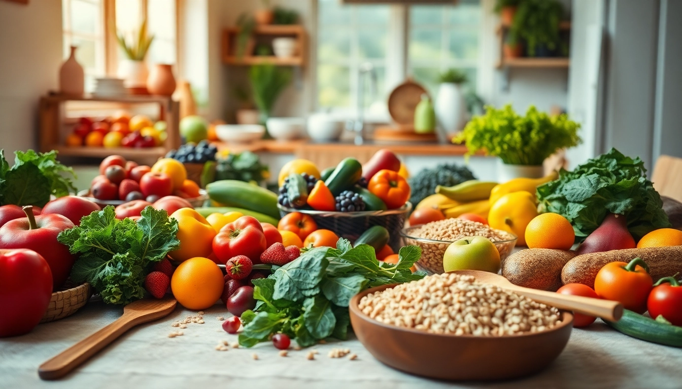 Healthy Food beautifully arranged on a welcoming kitchen table filled with vibrant fruits and vegetables.