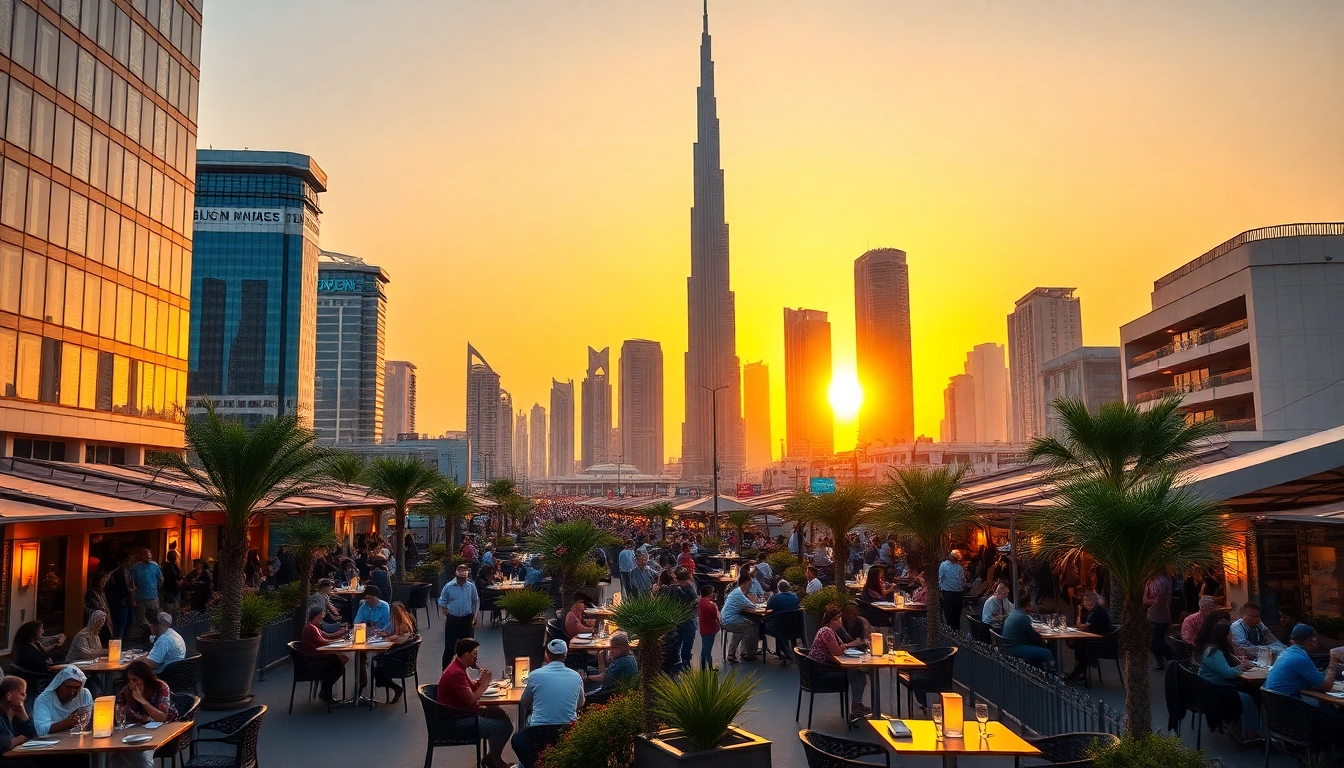 Experience the allure of Dubai as iconic skyscrapers adorn the sunset skyline, inviting travelers to Dubai.