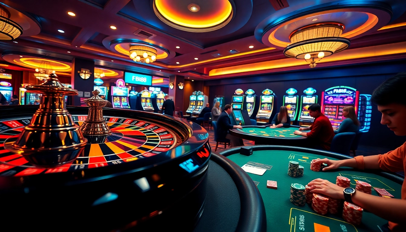 Experience the thrill of FB88 casino with players at an exciting blackjack table amidst vibrant slot machines and a spinning roulette wheel.