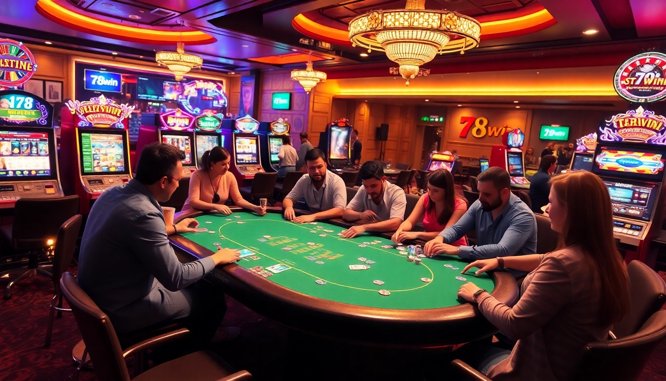 78win Casino scene featuring players engaged in thrilling poker game with colorful chips and digital interfaces.