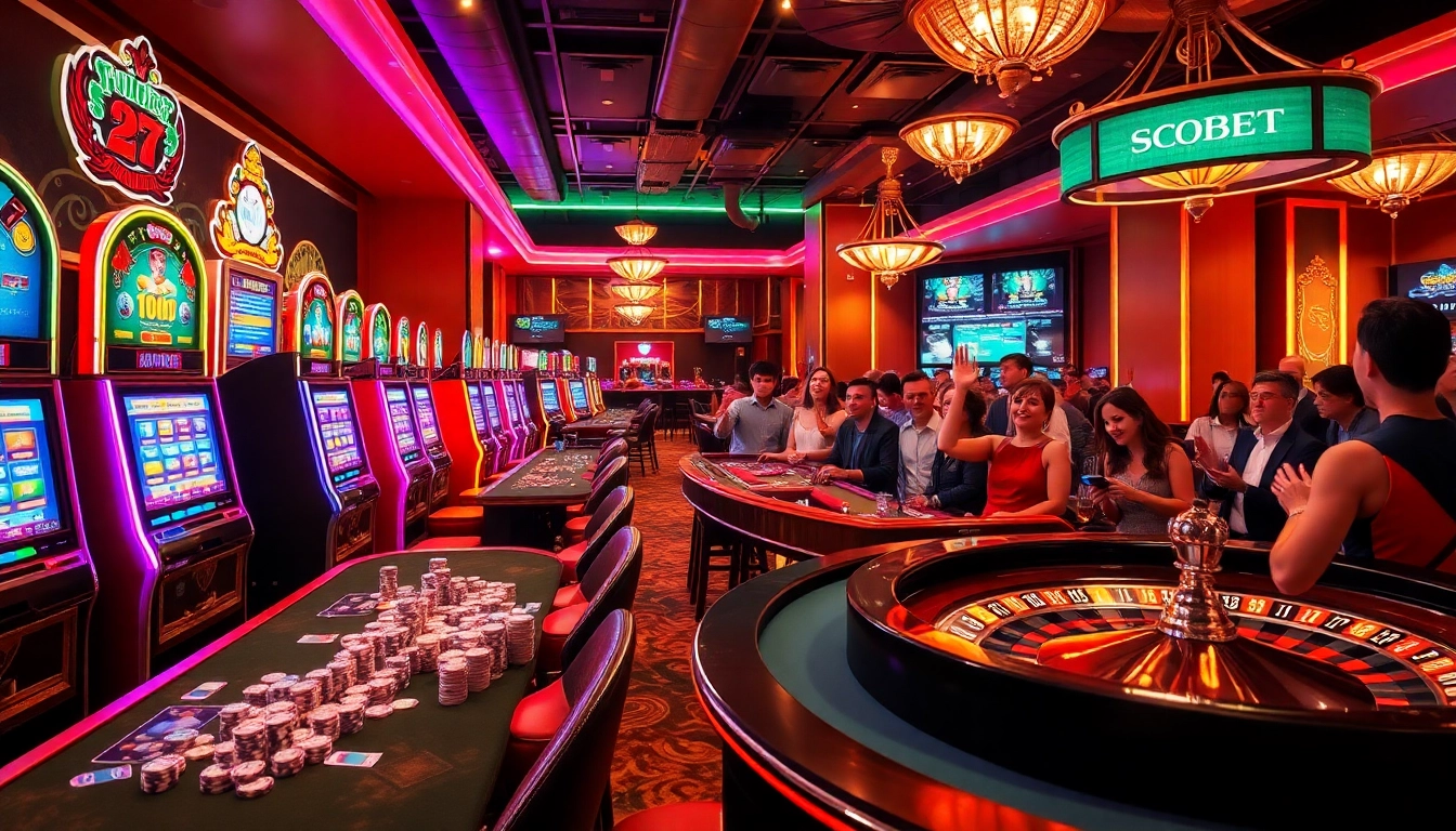SBOBET highlights thrilling experience at a vibrant casino with bustling slots, table games, and lively betting activity.