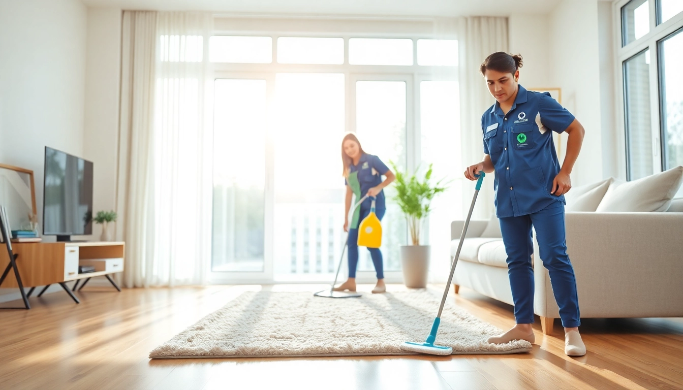 Professional cleaner performing cleaning services in a bright, modern living room.
