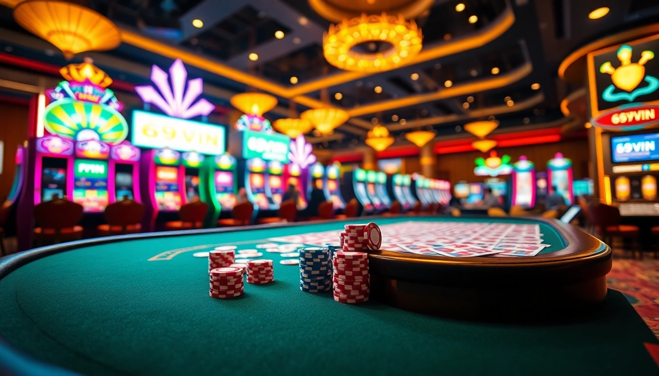 Experience the thrill of gameplay at 69VN Casino, featuring vibrant poker tables and exciting slot machines.