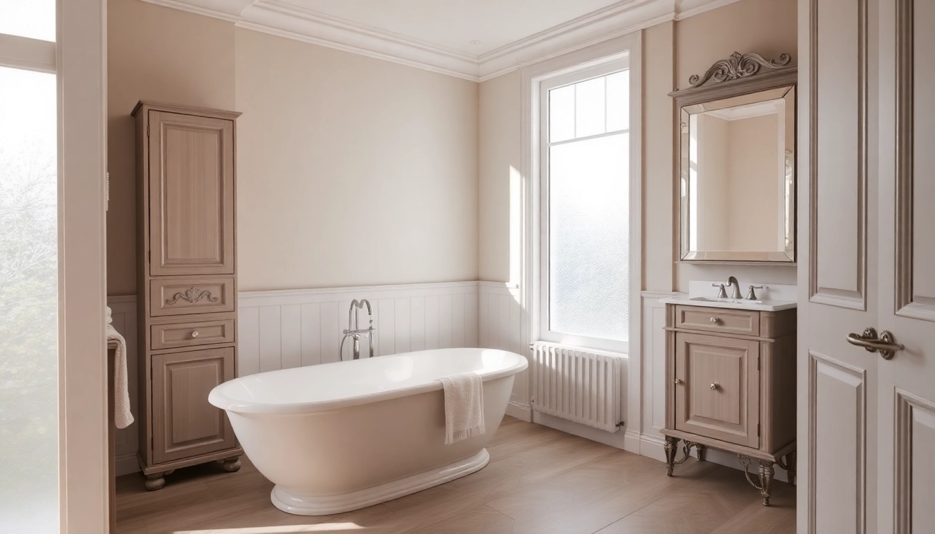 Stunning bathroom fitted by expert bathroom fitters featuring a freestanding tub and elegant décor.