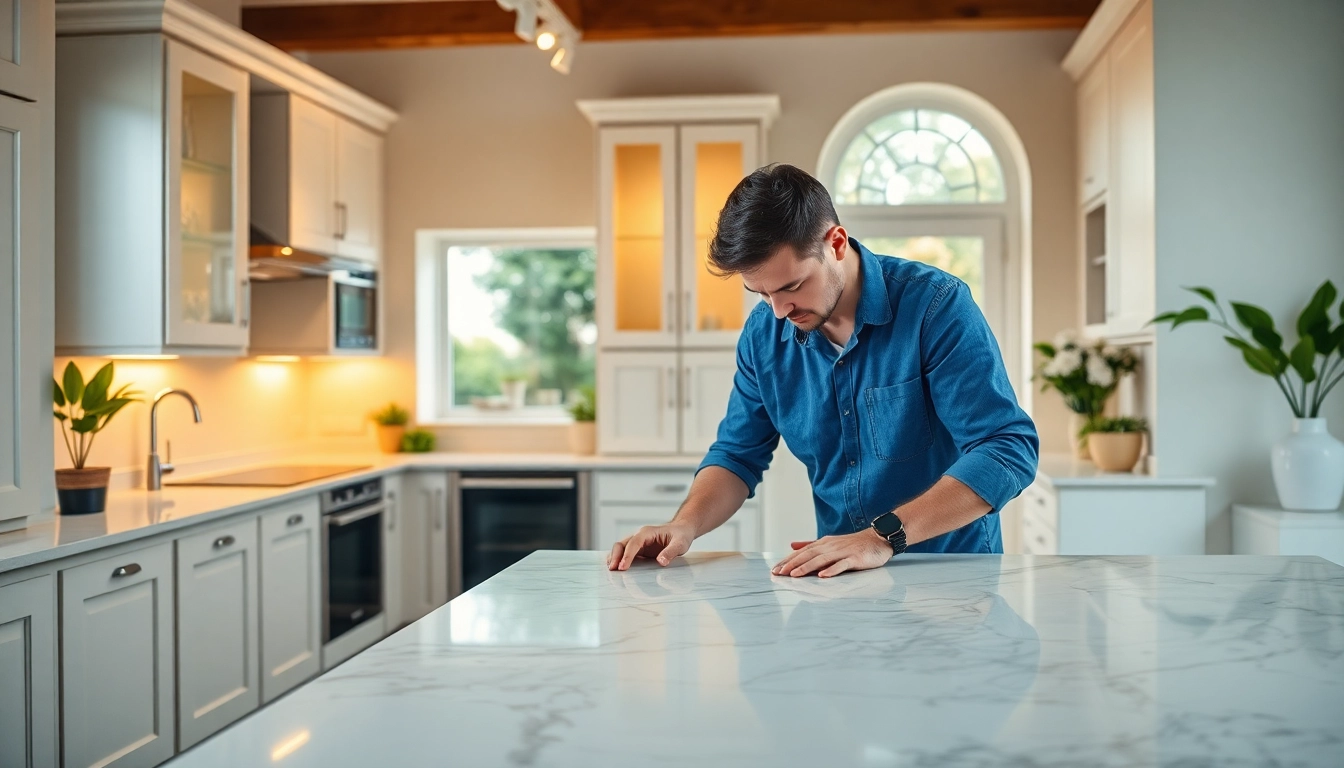 Skilled kitchen fitters expertly installing a modern marble countertop in a beautifully designed kitchen.