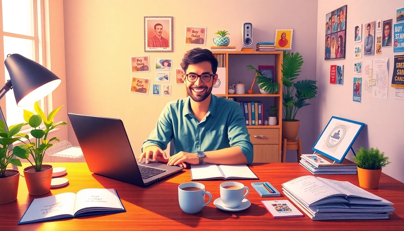 Buy stamps online with a cheerful setup featuring colorful stamps and a laptop at a cozy workspace.