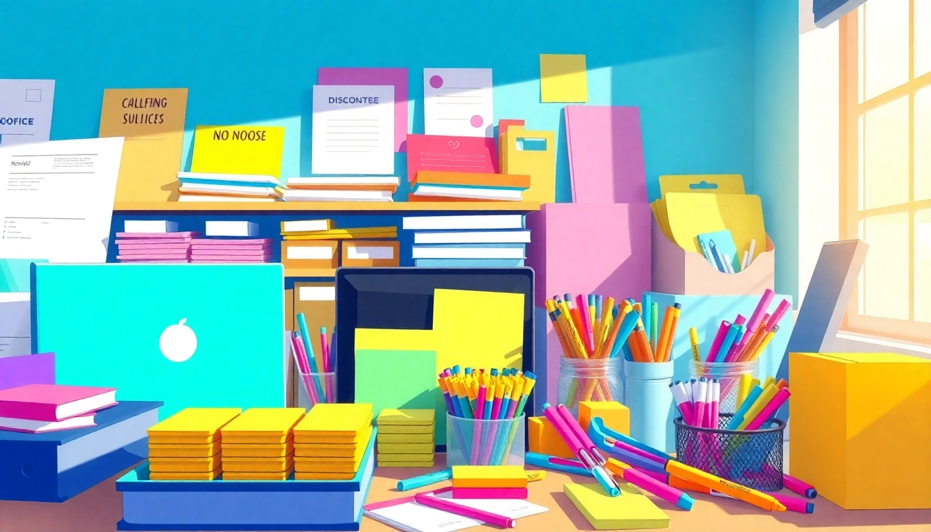 Explore a colorful assortment of discount office supplies showcased in a vibrant office environment.