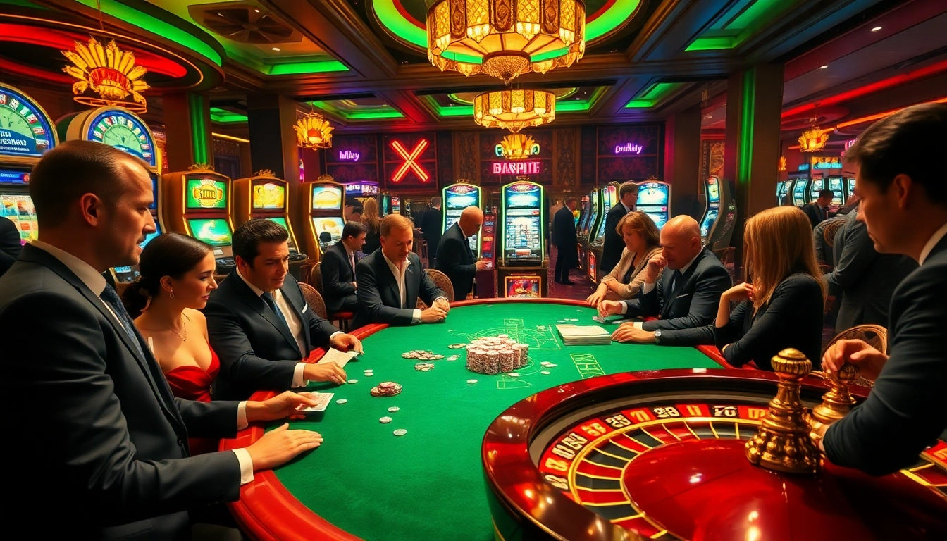 Players engaging in a thrilling game at Winzie Casino's poker tables, with vibrant slot machines in the background.
