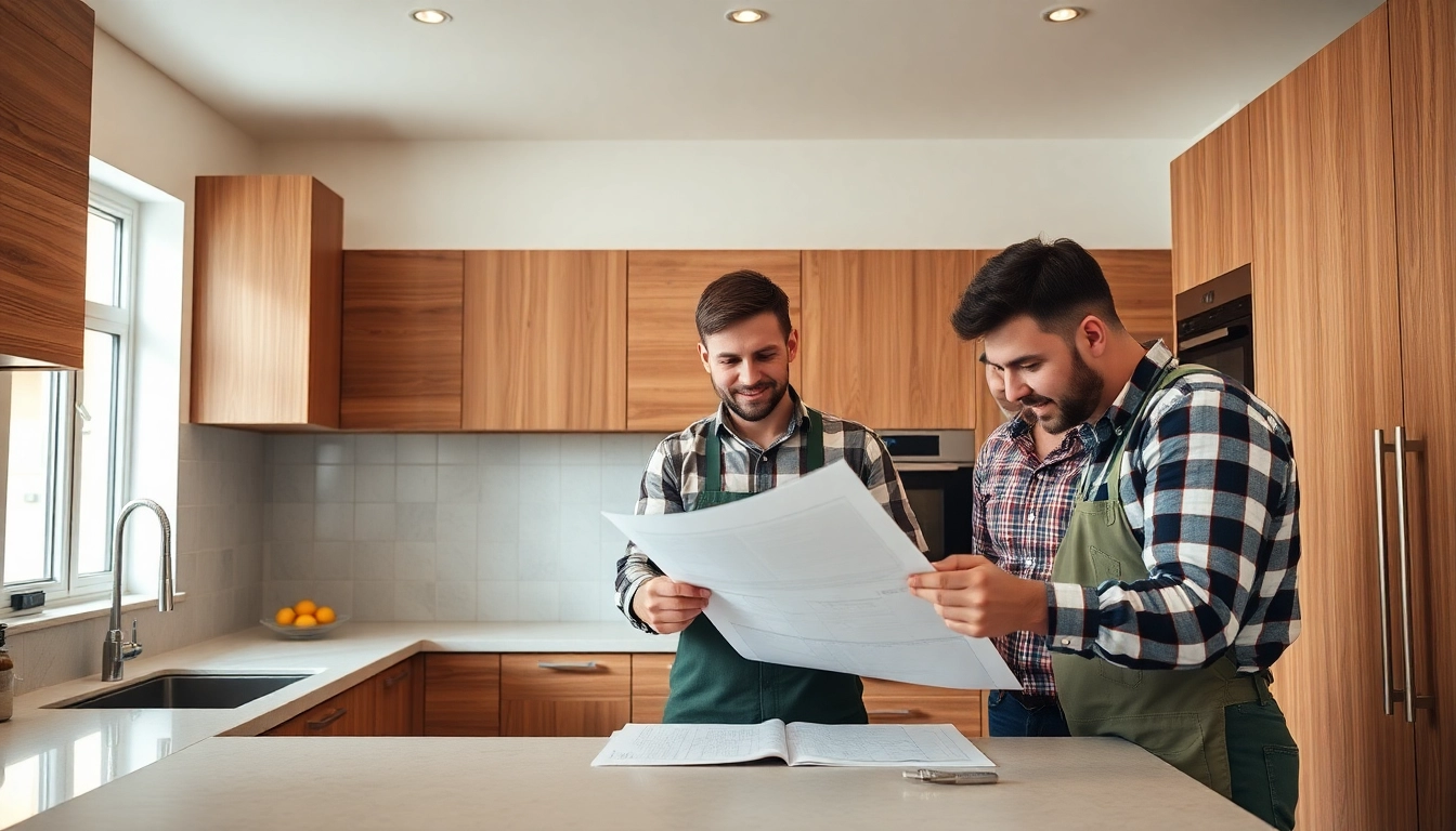 Skilled kitchen fitters collaborating on a modern kitchen installation, showcasing craftsmanship.