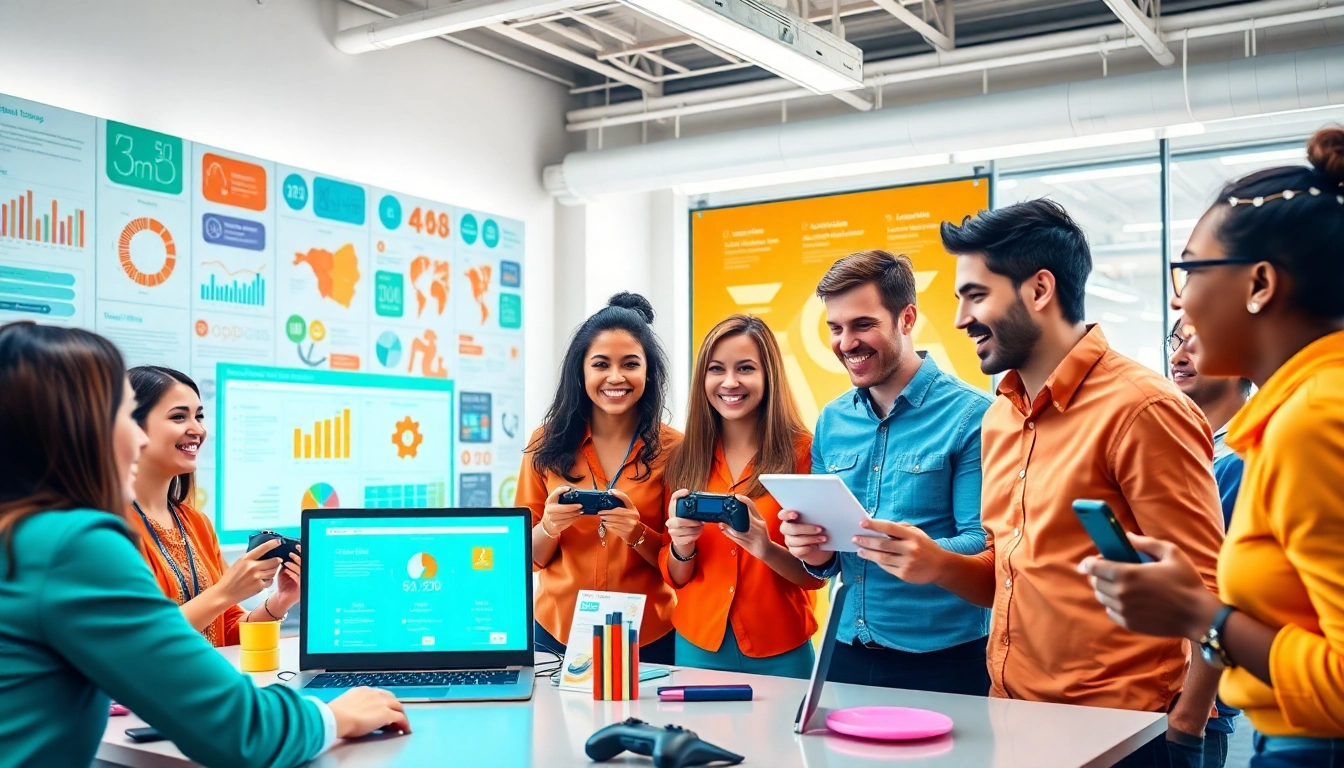 Experience training gamification with employees engaging in a vibrant, interactive learning environment showcasing digital elements.