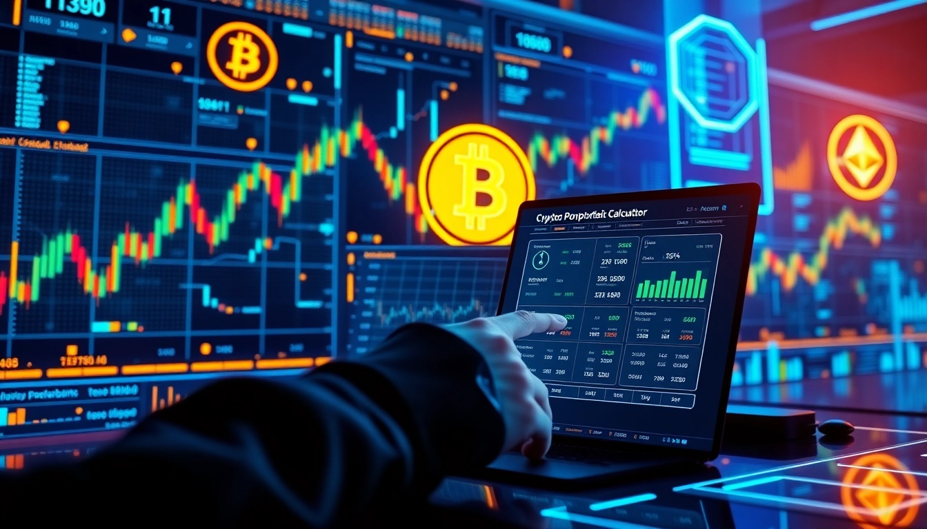 Calculator for cryptocurrency portfolio analytics with blockchain visuals and trading charts