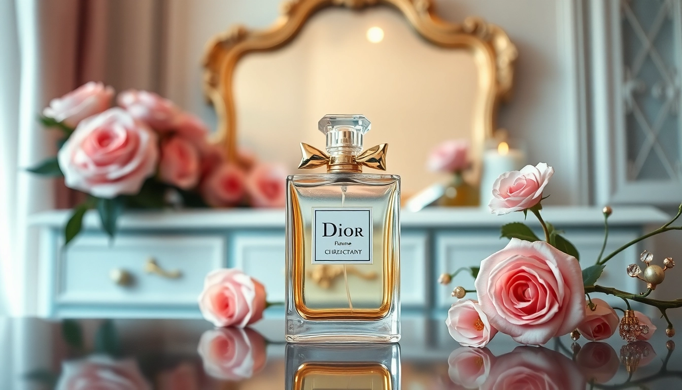 Woman spritzing Dior perfume dupe from an elegant bottle surrounded by flowers.