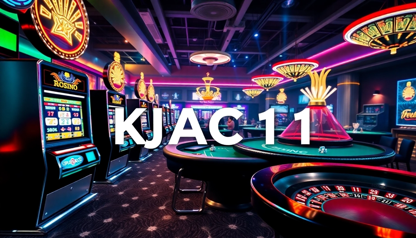 Exciting casino atmosphere with tables, slots, and 'KJC AC 1' branding elements.