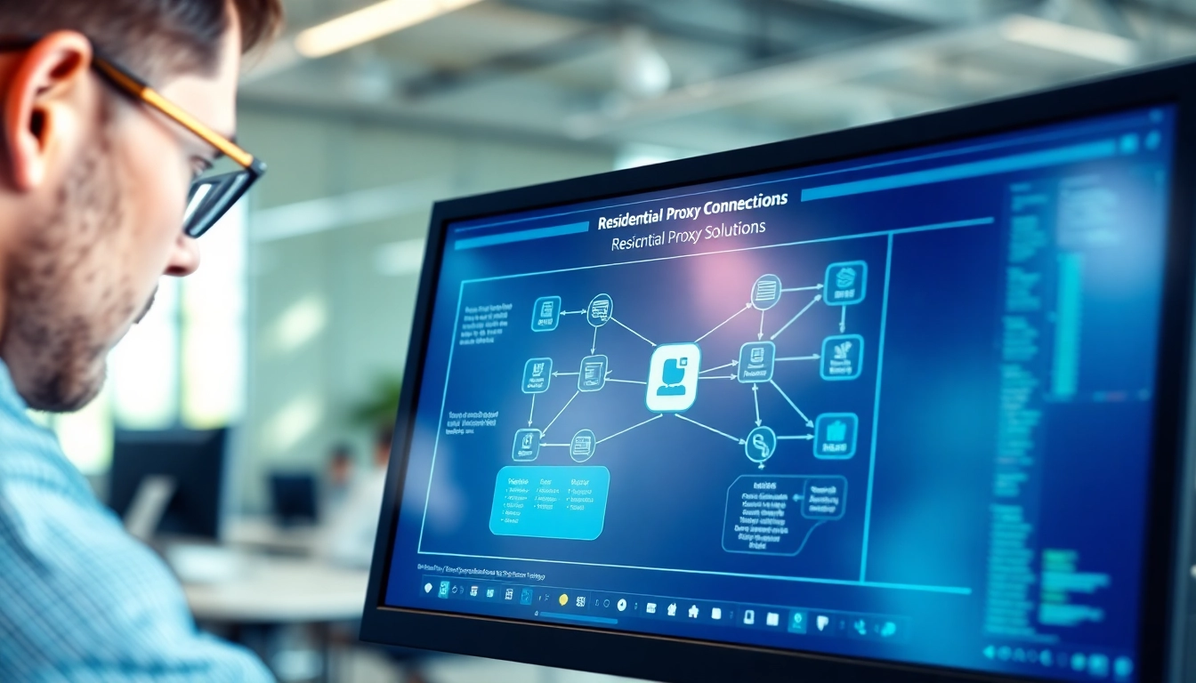 Understand the concept of residential proxy in a professional office setup with network visuals.