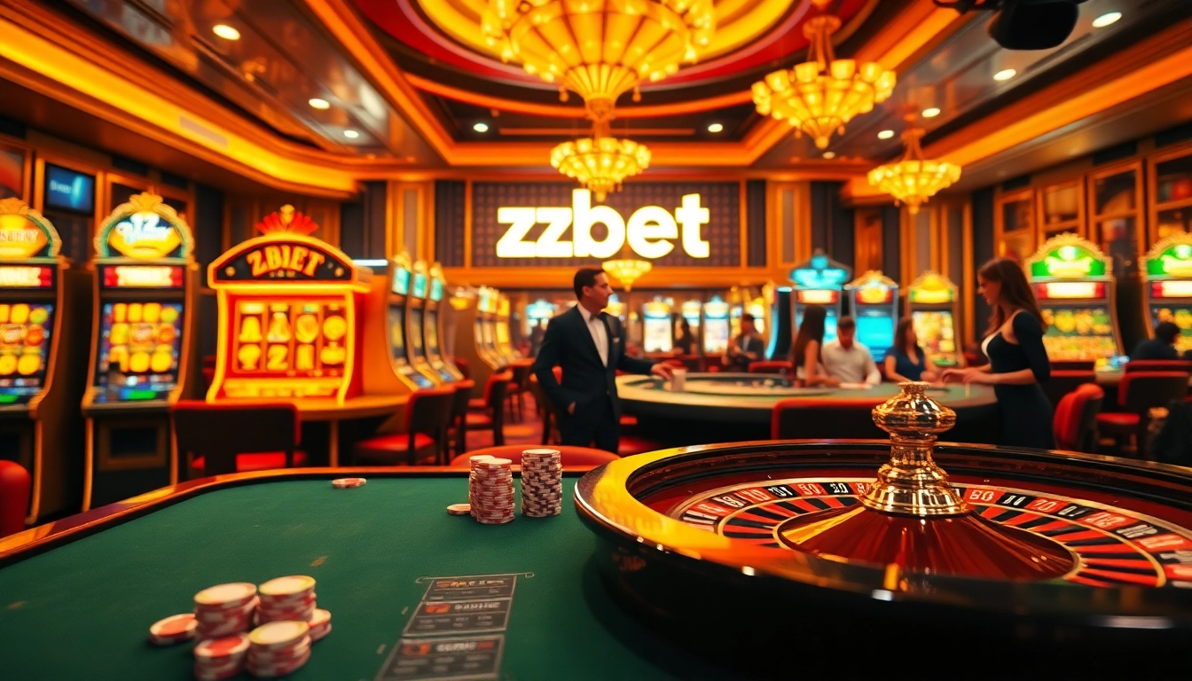 Players enjoying a thrilling moment at a zbet nhà cái casino, showcasing exciting slot machines and poker tables.