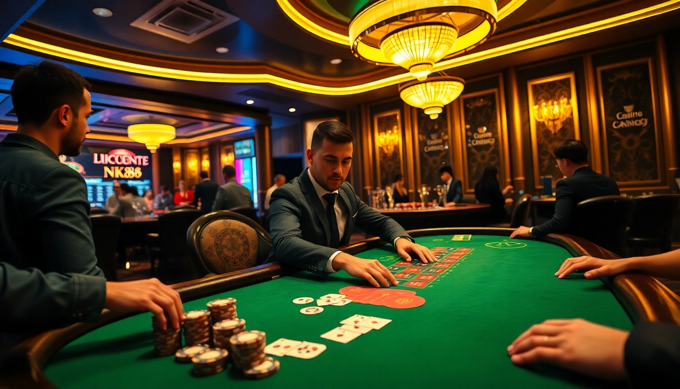 Engage in thrilling gameplay at NK88 with a luxurious casino setting featuring poker and roulette tables.