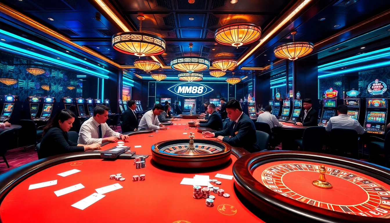 MM88 vibrant casino scene with poker tables and roulette, filled with playing excitement.