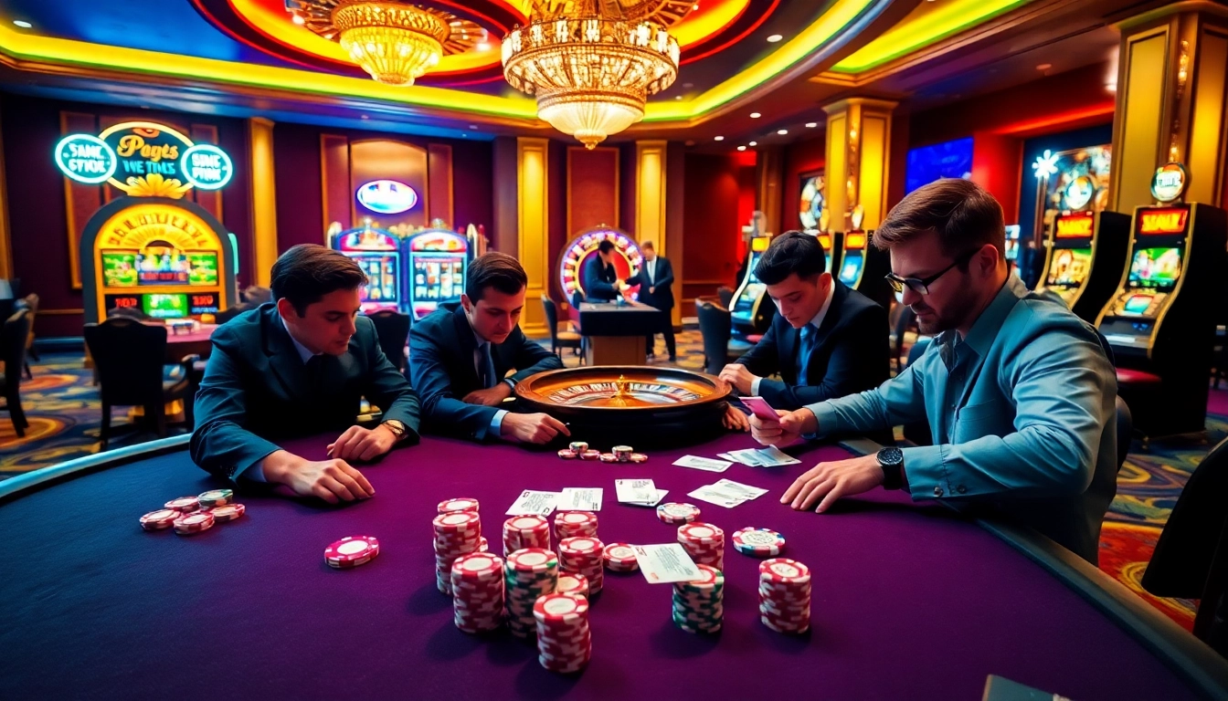 Experience a thrilling casino atmosphere at https://f168biz.com/ with vibrant poker tables and spinning roulette wheels.