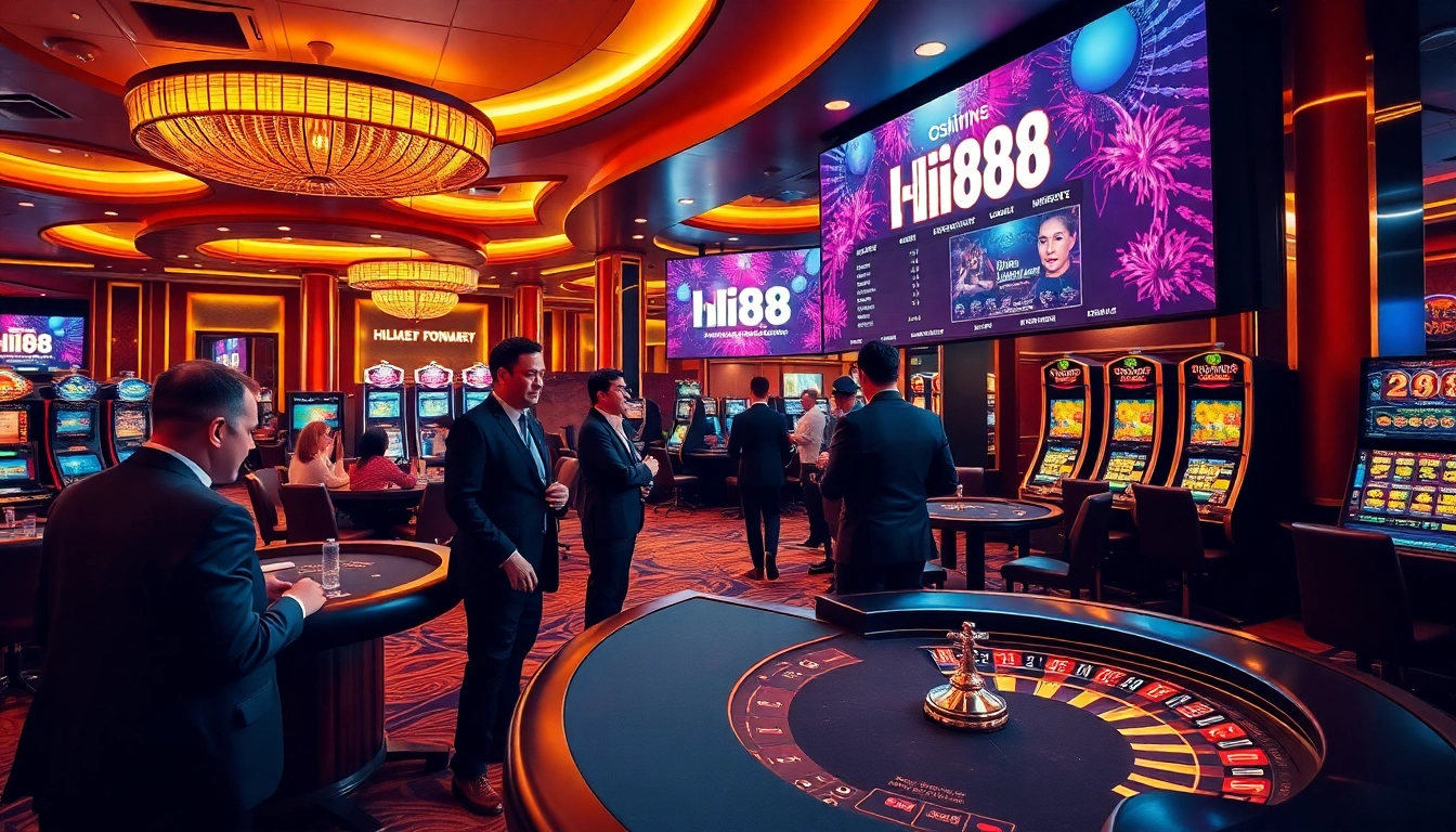 Hi88 casino scene with engaging players and vibrant slot machines showcasing the thrill of online gambling.